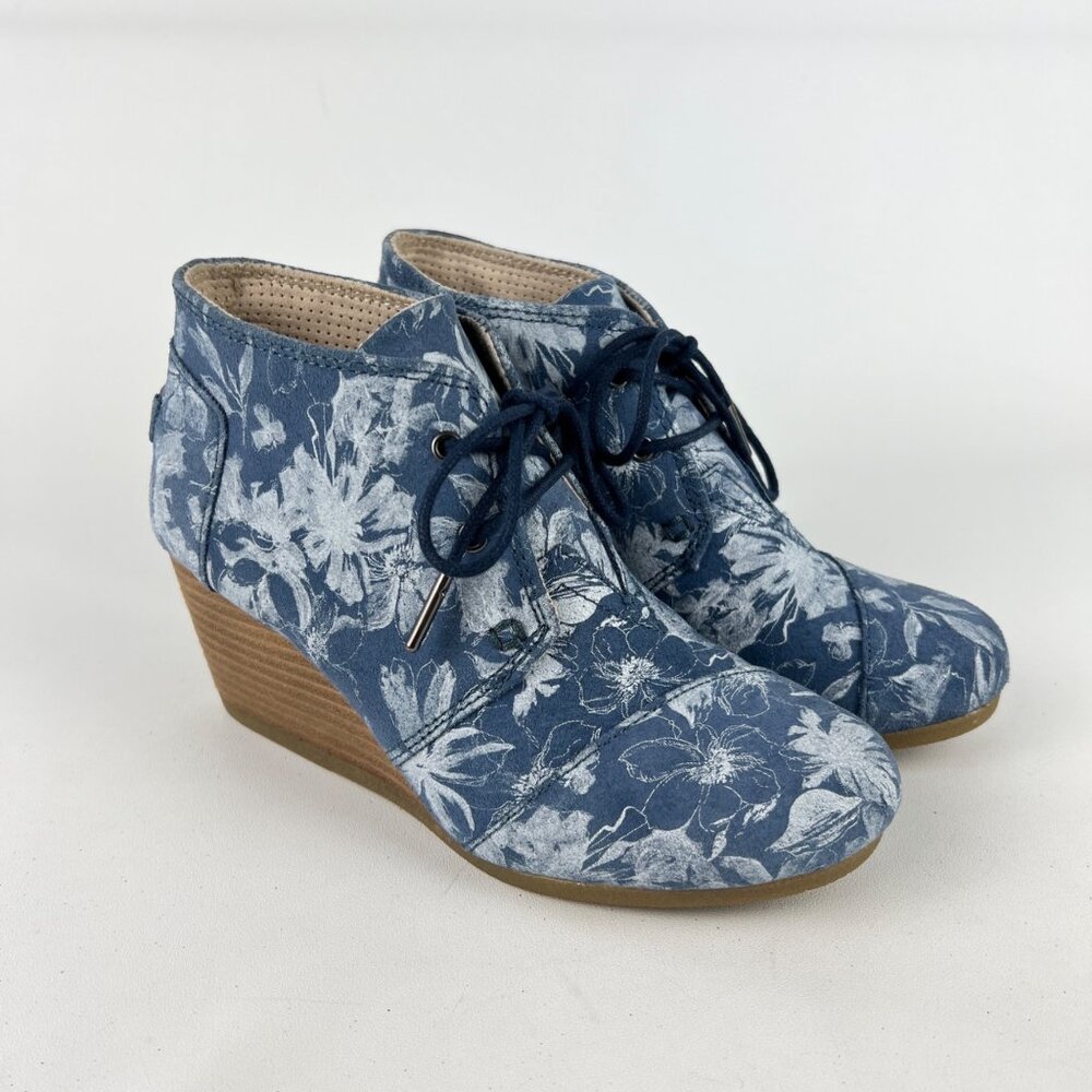 Toms Womens Desert Wedge Lace Up Ankle Bootie Blue Floral Print size 6.5